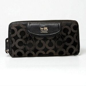 Coach Black & Brown Signature Zip Around Wallet Leather Trim Excellent Condition